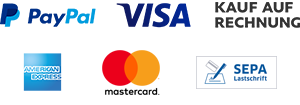 Kauf auf Rechnung, PayPal, Visa, American Express, Maestro, SEPA Lastschrift